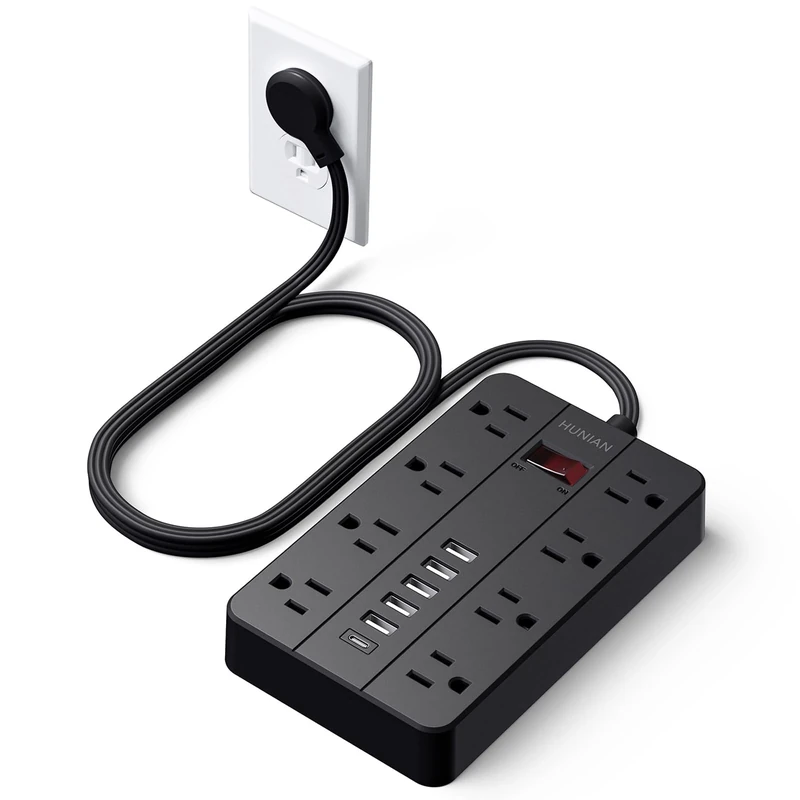 HUNIAN Plug Power Strip with 6 USB Ports & USB-C, 8 Outlets - Black