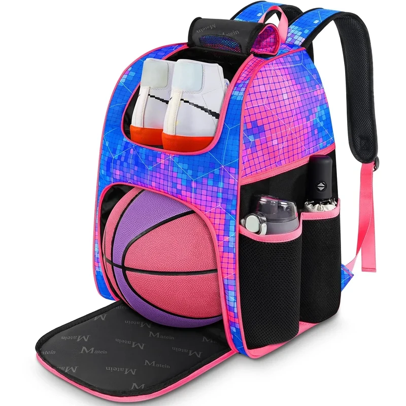 MATEIN Basketball Bag, Sturdy Soccer Bag with Ball Holder & Shoe Compartment, Large Basketball Backpack for Training Equipment, Water Resistant Sports Ball Backpack Fits Volleyball Football, Colorful