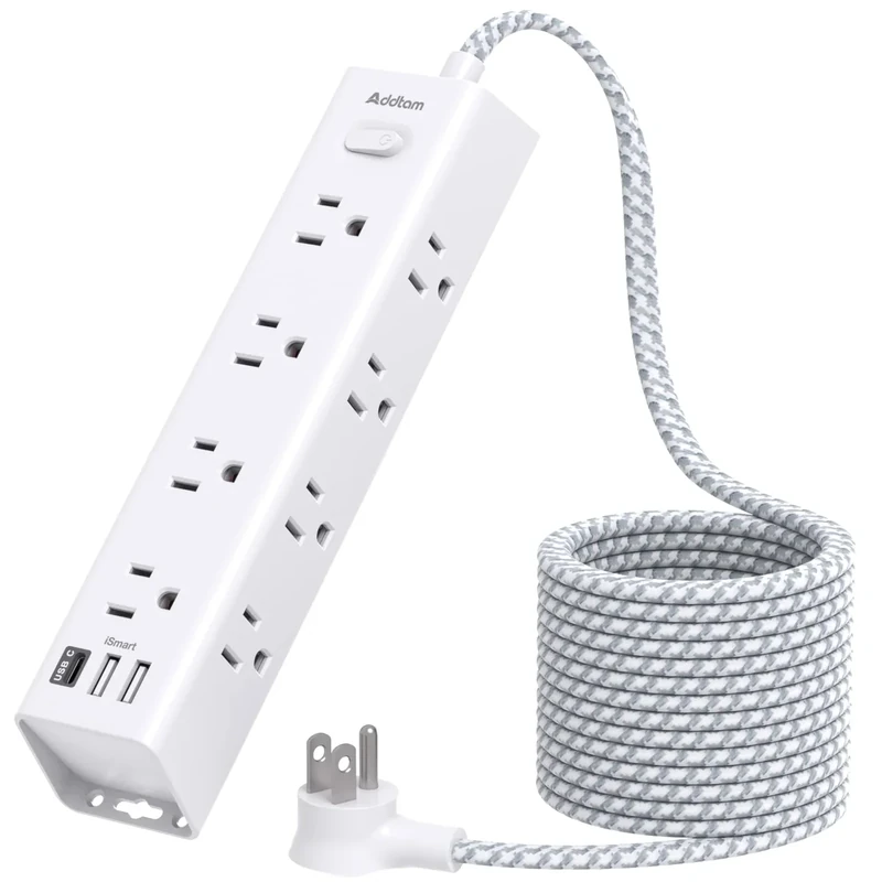 Addtam 12-Outlet Protector 3 USB, 10ft Extension, 1050J Overload ETL