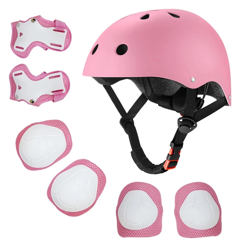 Kids Bike Helmet for Ages 2-14, Adjustable Safety Toddler Helmet with Protective Gear Set, Skateboard Scooter Helmets with Knee Elbow Pads Wrist Guards (Pink, Medium (for Ages 8-14))