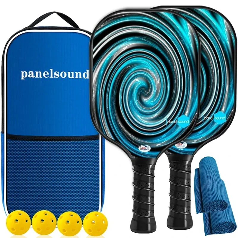 Panel Sound Pickleball Paddles Set of 2, USAPA Approved Pickleball Rackets Graphite Carbon Fiber Face Lightweight with1 Carrying Case, 2 Cooling Towels & 4 Indoor Balls