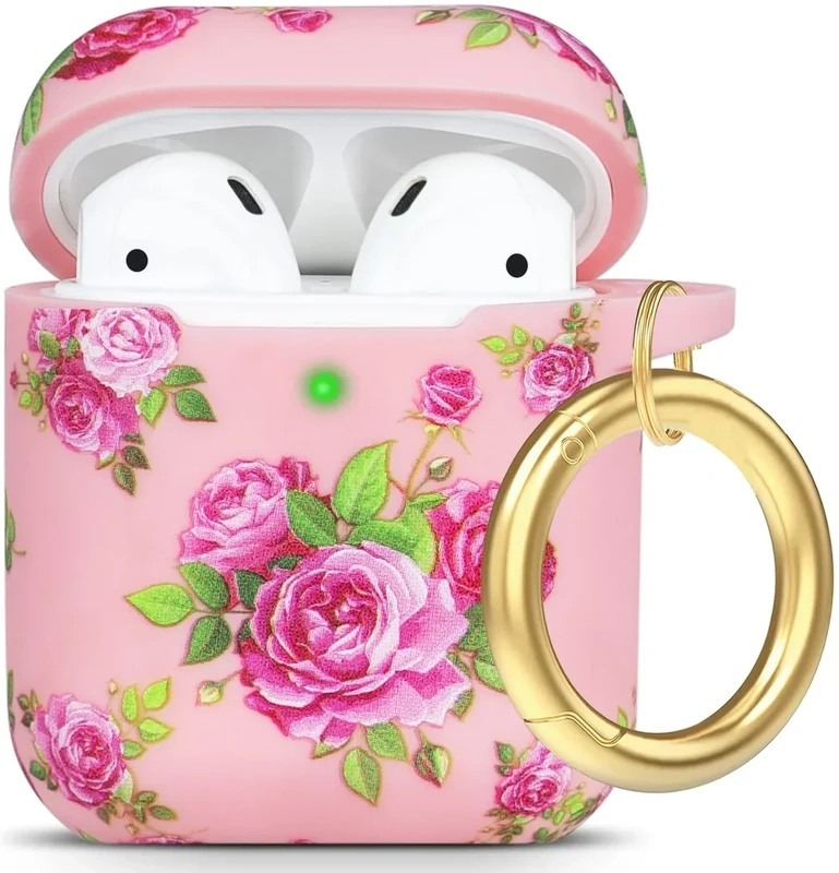 Gawnock Pink Flower Silicone AirPods Case - Soft Cover with Carabiner