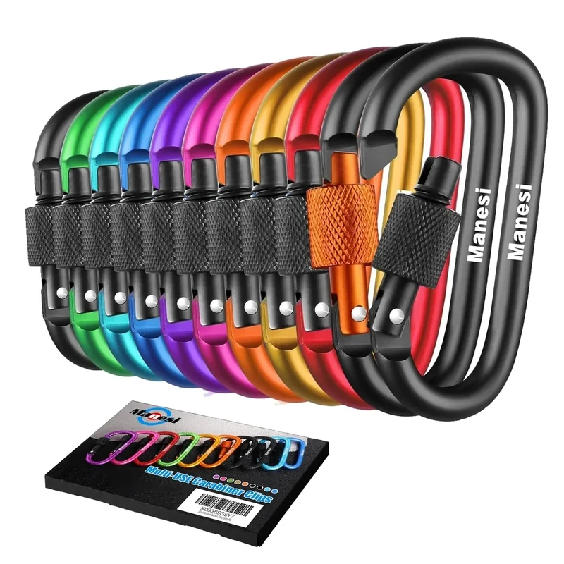 10 Pack Carabiner, 3 inch Aluminum D-Ring Locking Carabiner Clip, Snap Hook Sport Accessories for Outdoor Camping，Clips with Screw Gate Multicolored