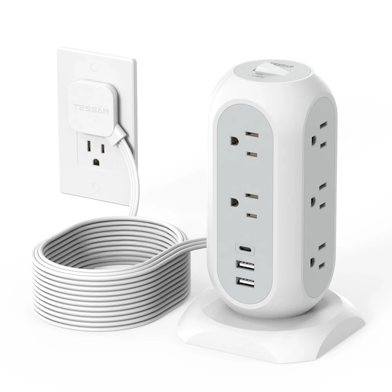 TESSAN 15ft Cord Power Strip - 11 Outlets + 3 USB (1 USB-C) 1050J