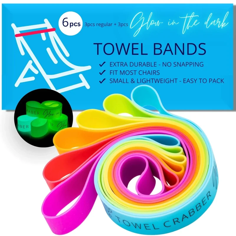 Towel Bands (6-Pack), Beach Pool & Cruise Chairs, Extra Durable, No Snapping, Cruise Ship & Beach Essentials, Great Alternative to Beach Towel Clips (3 Regular + 3 Glow in The Dark