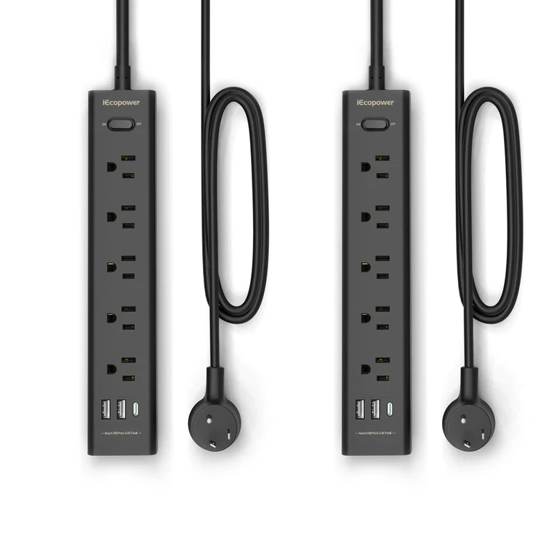 IECOPOWER 10FT Power Strip - 5 Outlets, 3 USB, USB-C, 1250W, 2 Pack