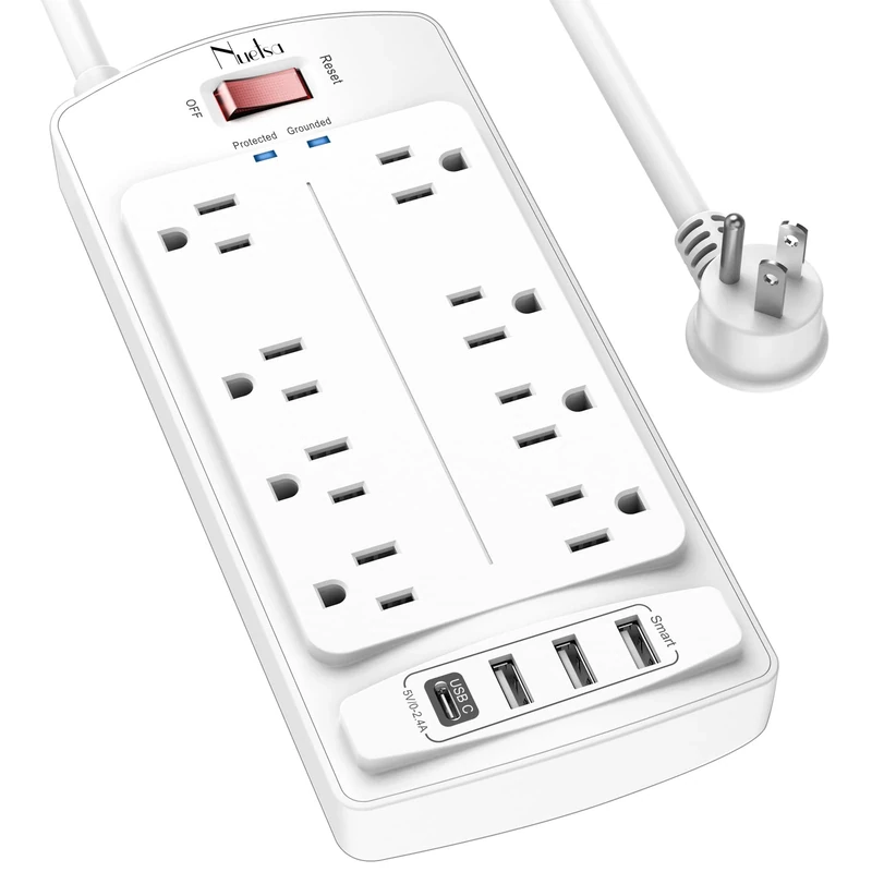 Nuetsa 6FT Surge Protector - 8 Outlets, 4 USB Ports, 2700J, White