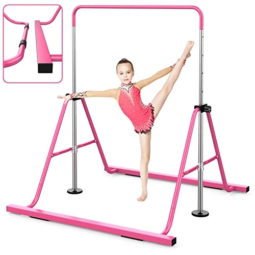 Gymnastic Bars for Kids with Adjustable Height, Folding Gymnastic Training Kip Bar, Junior Expandable Horizontal Monkey Bar for Home (Pink_Upgraded)