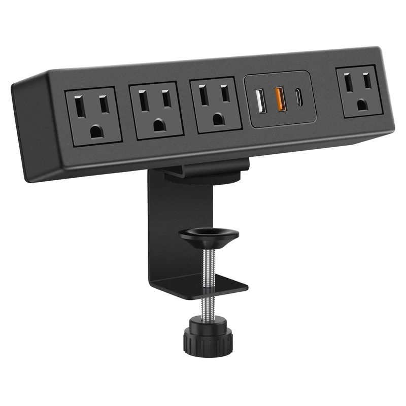 CCCEI Desk Clamp Power Strip with USB-A & USB-C, 4 Outlets - 1200J Surge, 6ft Flat Plug