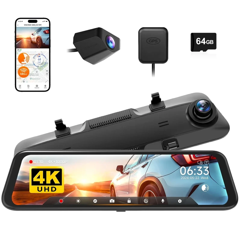 WOLFBOX 12" 4K Rear View Mirror Camera with 5.8GHz WiFi and Voice Control, Smart Mirror Dash Cam Front and Rear, Backup Camera with 1080P Rear Camera, Dash Cam with WDR, Includes 64GB Card & GPS