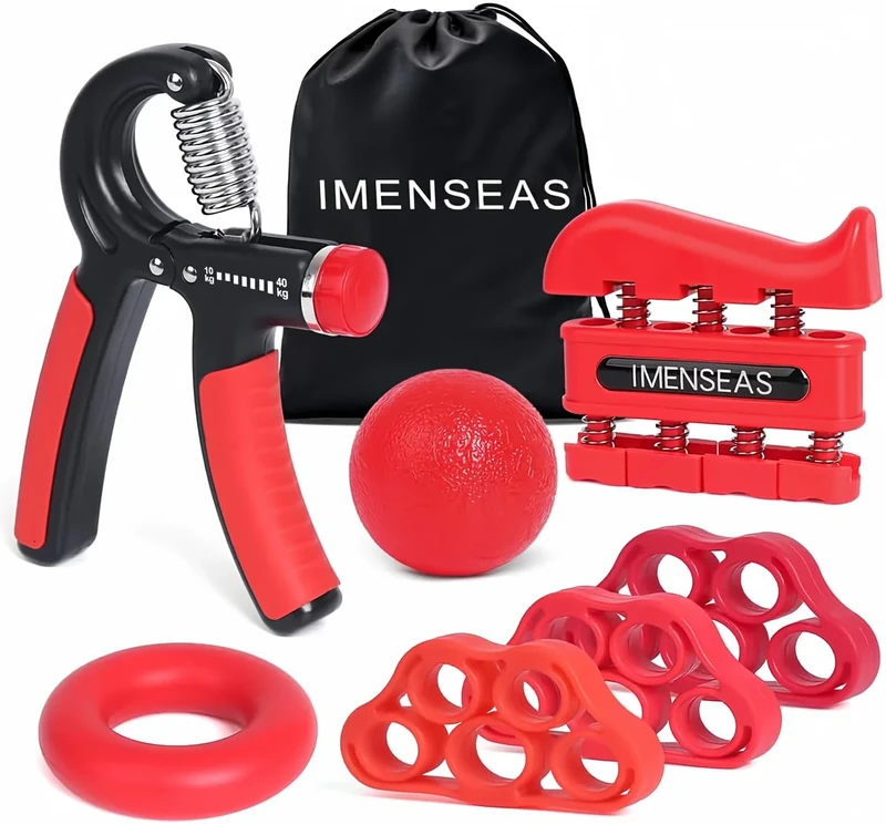 IMENSEAS Grip Strength Trainer 7 Pack Adjustable Hand Gripper, Finger Stretcher Resistance Extensor Bands, Finger Exerciser, Grip Strength Ring & Stress Ball, Hand Grip Strengthener, Red