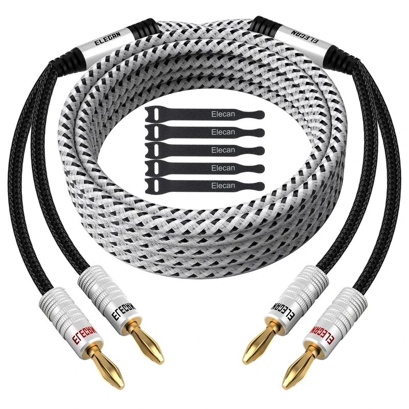Elecan 14 AWG Speaker Cable Wire 20 Feet with Gold-Plated Banana Tip Plugs-CL2 Rated-in Wall-Heavy Duty Nylon Braided, Oxygen-Free Copper (OFC)-White-with 5 Cable Ties