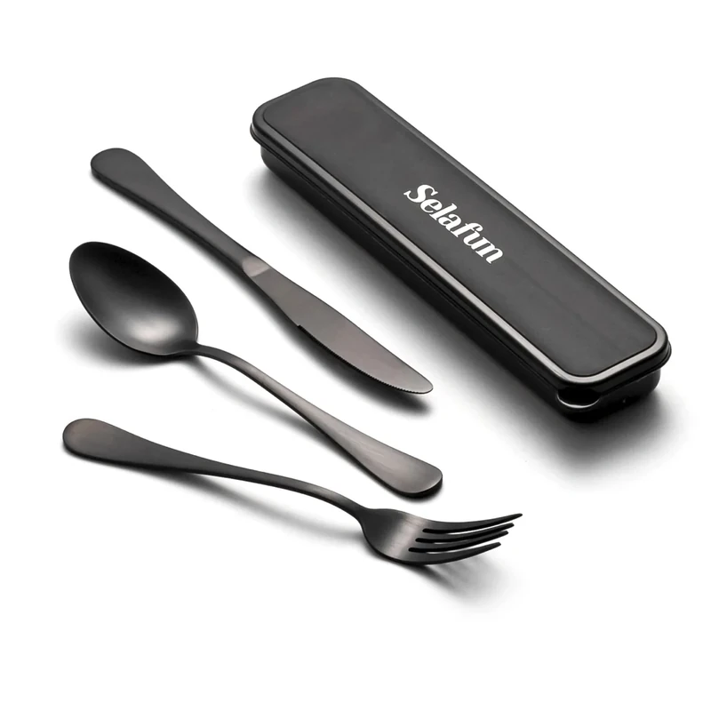 Selafun 4-pieces Travel Set with Case Portable Silverware Utensils Set for work, Stainless Steel Reusable Flatware Set Cutlery Set for Camping Picnic Hiking Office (8inch, Matte Black)