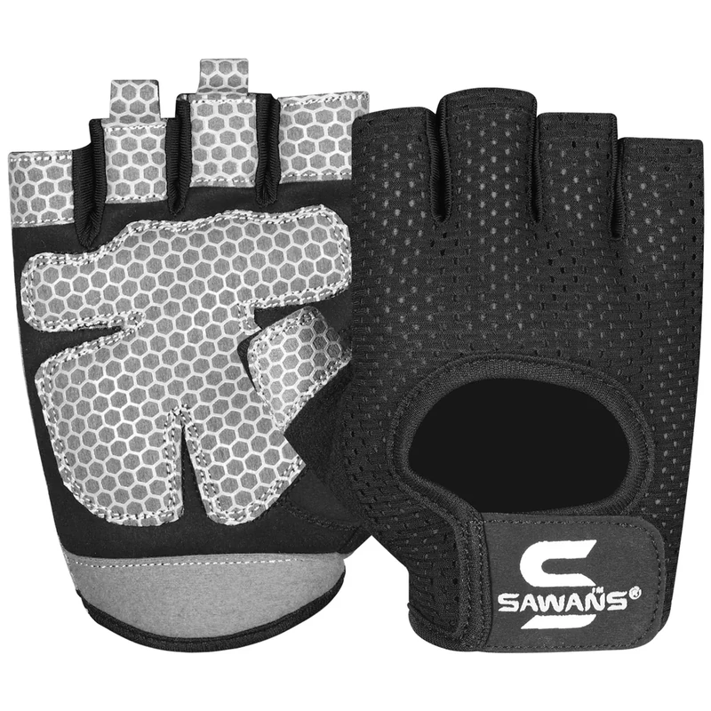 SAWANS Workout Gloves for Men and Women Weight Lifting Gloves Gym Fitness Exercise Cycling Pull ups Microfiber Lightweight Breathable Non-Slip Silicone Padded Palm Grip (Black, Medium)