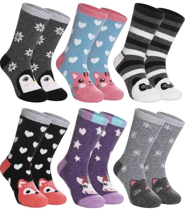 SDBING Kids Merino Wool Hiking Socks Toddlers Wool Socks Boys Girls Warm Boot Cozy Thick Thermal Winter Crew Socks 6 Pairs (8-12 Years, Cute Animal)