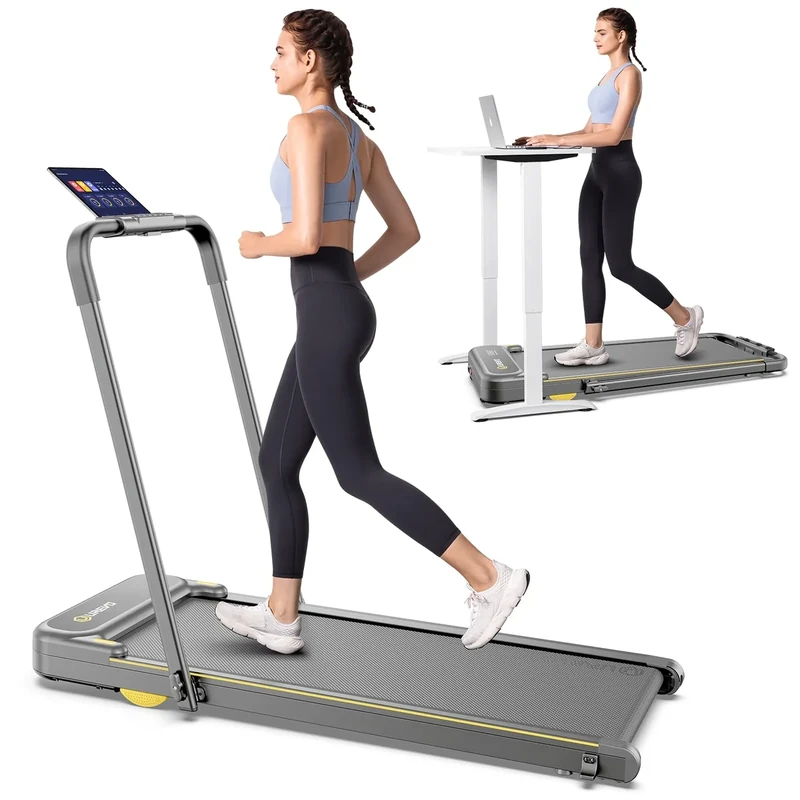 UREVO Smart 2-in-1 Folding Treadmill, Compact Walking Pad with Safety Handle, Plug and Play, Dual LED Display, Workout APP, Walking or Running for Home Office, Remote Included