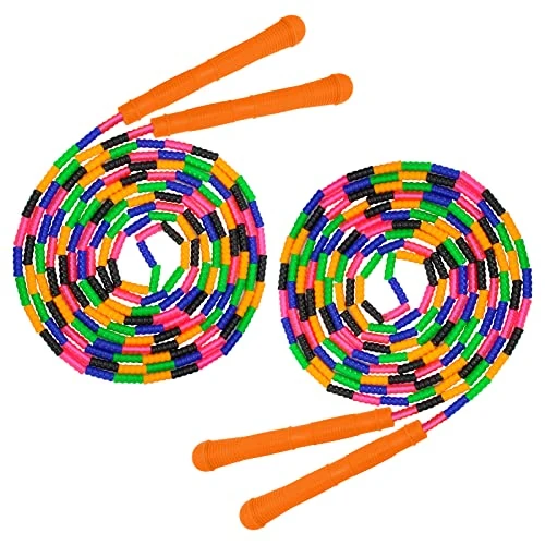 Coolrunner 16 FT Long Jump Rope(2 PACK), Double Dutch Jump Ropes, Soft Beaded Skipping Rope for Kids Adults, Plastic Segmented Skipping Ropes, Long Enough for 4-5 JumpersRainbow) (Style 1) (Green) (Blue) (Orange)