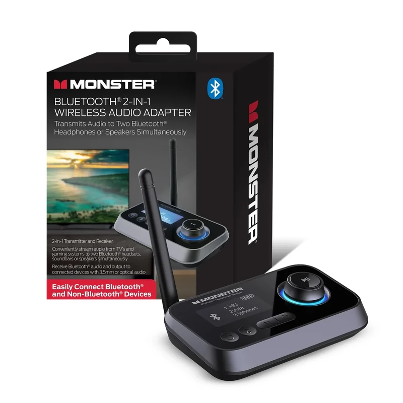 Monster Bluetooth Transmitter & Receiver, 2-in-1 Bluetooth Audio Adapter, Stream to/from NonBluetooth Devices, Stream TV to 2 Headphones, 33 ft Range, Analog & Digital, TV USB Powered, 3.5mm Aux Port