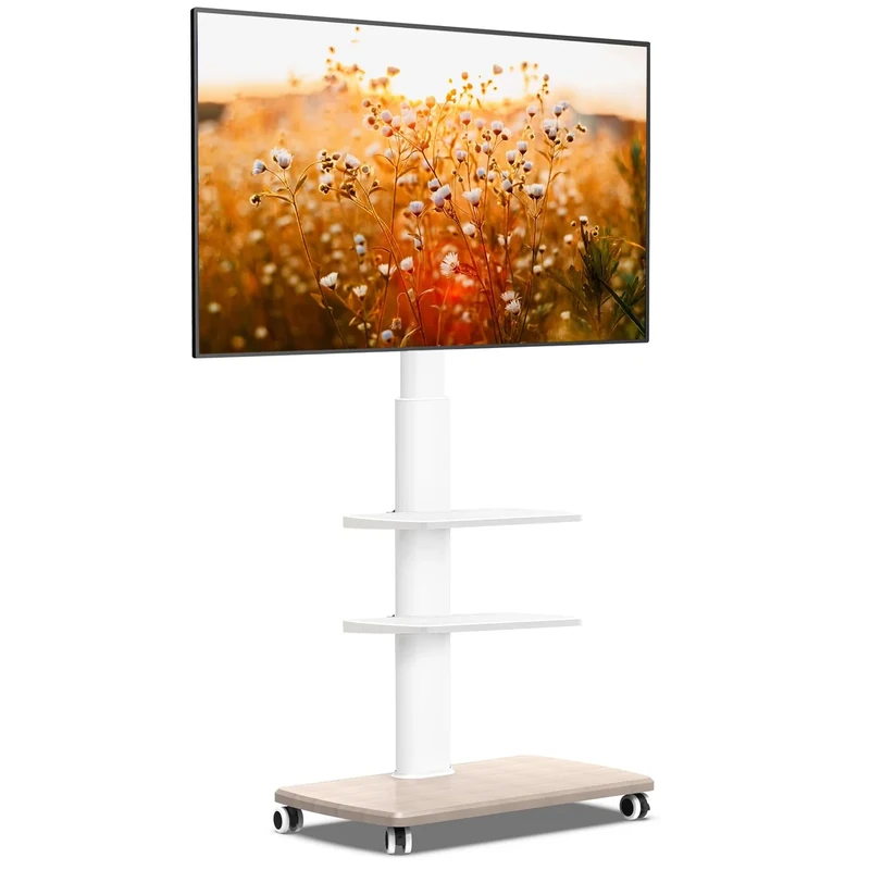 FITUEYES Rolling TV Stand, Mobile TV Cart on Wheels for 32-65 70 Inch Flat Screen TVs, Tall Floor TV Stand with Swivel Mount, Corner TV Stands for Bedroom, Living Room, Home Office,Small Dorm, White