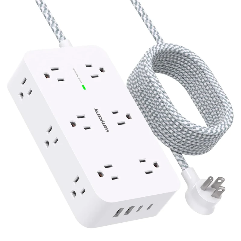 HANYCONY 10ft Surge Protector - 12 Outlets, 4 USB (2 USB-C), White