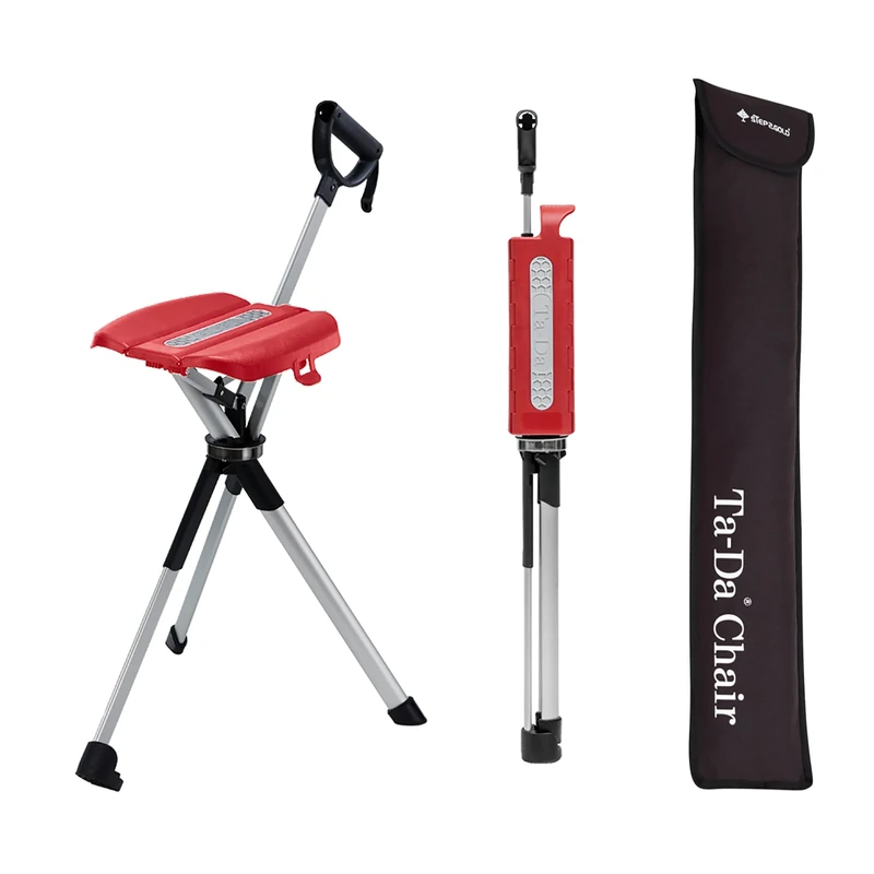 STEP2GOLD Ta-Da Chair Series 2- Portable Walking Stick, Cane with Seat, Foldable Chair, Hiking Stick, for Camping, Hiking, Lightweight Aluminum, Easy Carry, Anti-Slip (32.2"/Red)