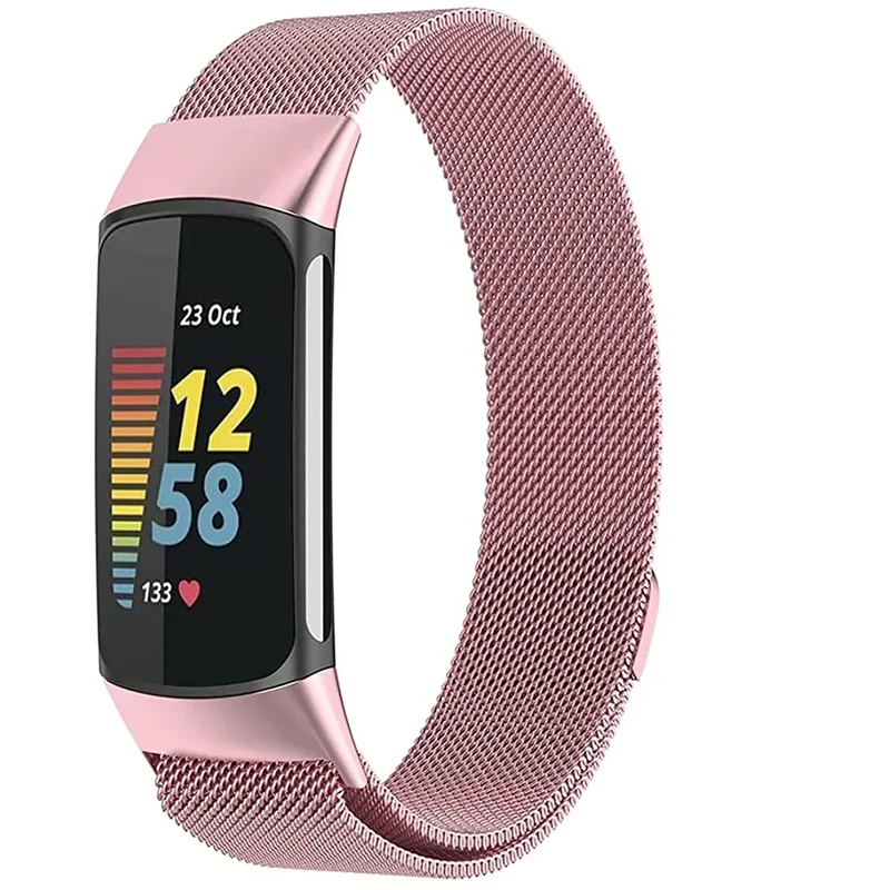 Metal Mesh Loop Bands for Fitbit Charge 5/Charge 6 Band for Women Men, Adjustable Stainless Steel Wristbands Replacement Straps for Charge 5/6 Activity Tracker（Rose Pink-S）