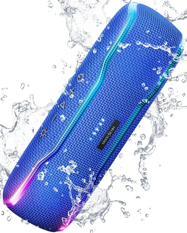 ERKEI SEHN Bluetooth Speaker, IPX7 Waterproof Wireless Speakers, Flashing Light, 25W Super Bass, 24H Playtime, Birthday Valentines Gifts for Him/Men, TWS Pairing, Beach Vacation Essentials, Blue