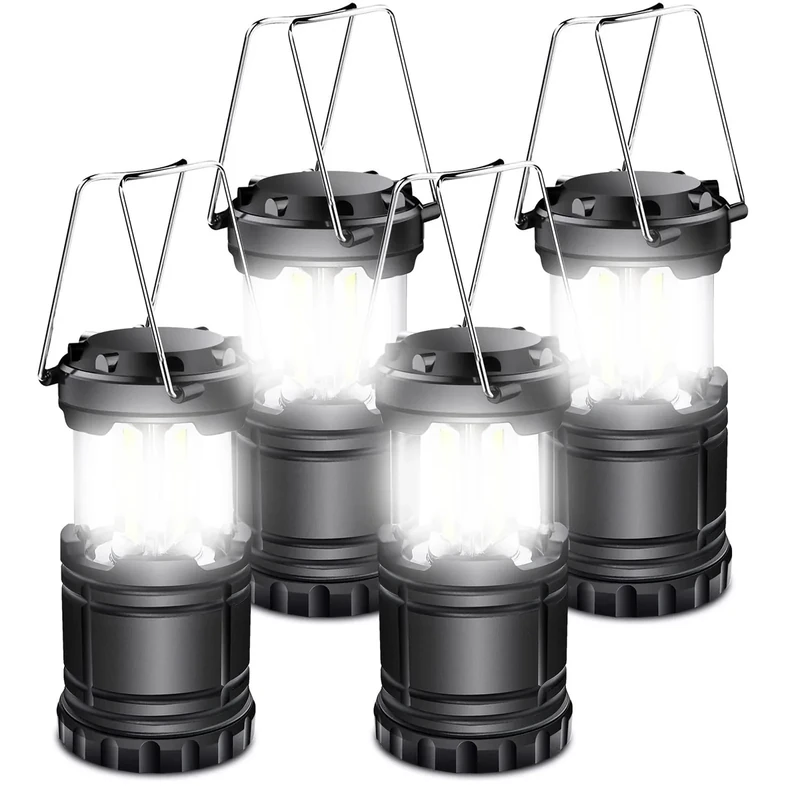 EXTRASTAR 4 Pcs LED Camping Lantern, Battery Powered Compact LED Lanterns, Suitable Survival Kits for Hurricane, Waterproof Portable Emergency Light for Storm, Outages, Black