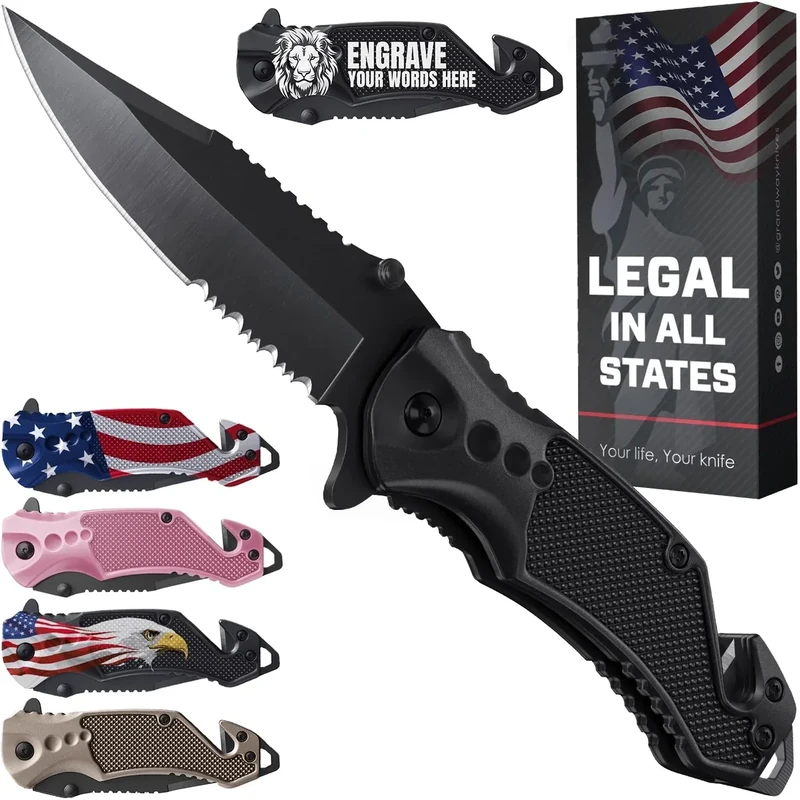 Legal Pocket Knife with 2.95” Serrated Blade, Glass Breaker, Seat Belt Cutter - EDC Sharp Folding Knives with Portable Clip - Small Tool for Tactical Camping Survival Hiking - Gifts for Men 6680