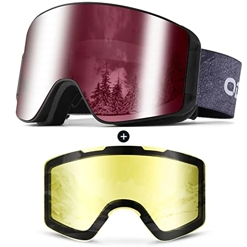 Odoland Ski Goggles Set with Detachable Lens, Frameless Interchangeable Lens, Anti-Fog UV Protection Snow Goggles for Men and Women, Helmet Compatible - Black Frame Rose Lens vlt 11%