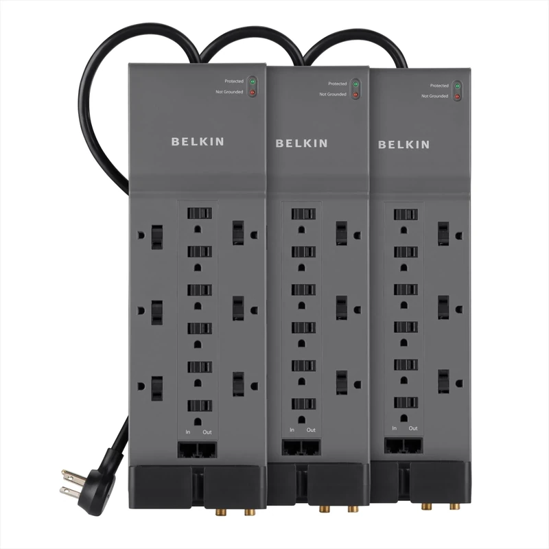 Belkin 12-Outlet Power Strip Surge Protector with 10-Foot Cord and Telephone, Ethernet, Coaxial Protection, BE112234-10, Gray -(Pack of 3)