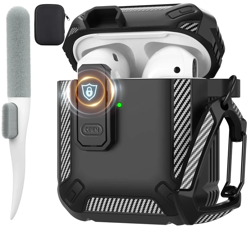 Maxjoy Shockproof AirPods 2nd Gen Case Lock, Keychain & Cleaner -Black