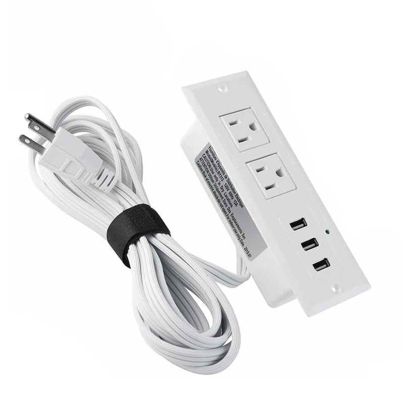 CCCEI Furniture Recessed Power Strip, White Desk Outlet with USB Ports, in Conference Desktop Flush Mount Plug, 10 ft Extension Cord.