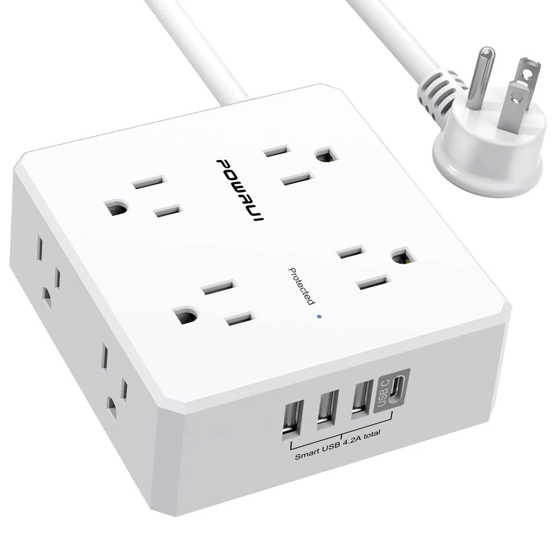 POWRUI 10ft Surge Protector Strip - 8 Outlets + 4 USB (1 USB-C) White