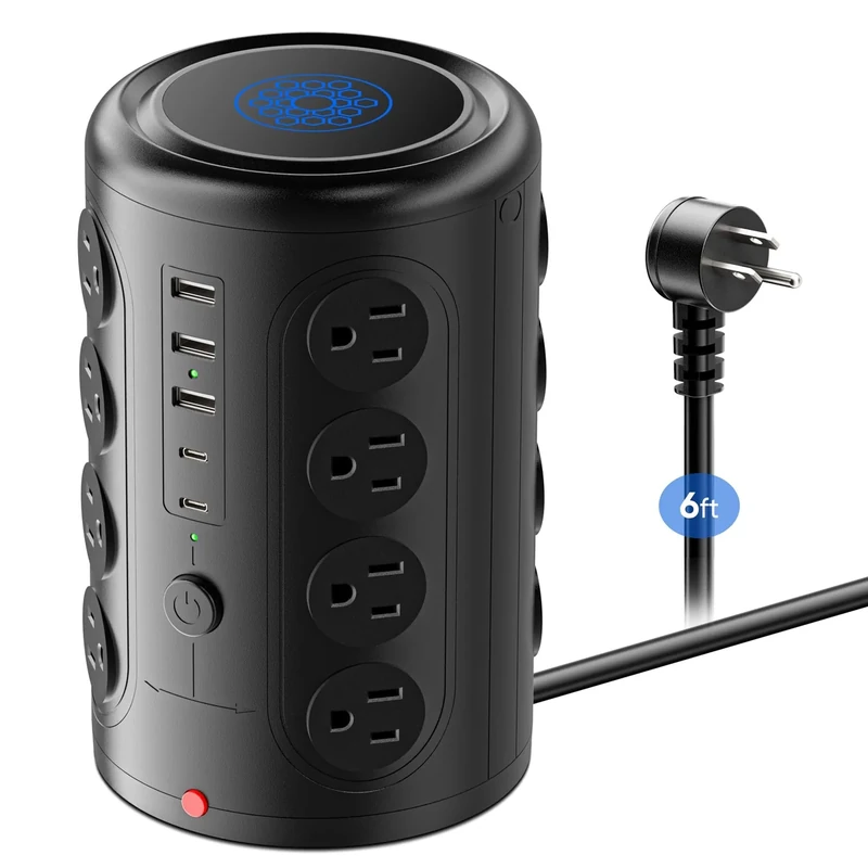 Heavy Duty Power Strip Tower with 16 Outlets and 5 USB Ports (2 USB-C), TenTrend 1500J Surge Protector with Multiple Outlets, 6 FT Extention Cord for Home Office Desk, Dorm Room Essentials Black