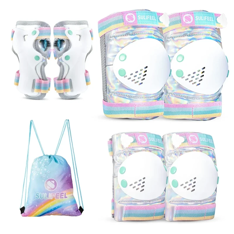 SULIFEEL Rainbow Unicorn Knee Pads for Kids Knee Elbow Pads Wrist Guards with Drawstring Bag Adjustable Protective Gear Set for Girls Boys Roller Skating Bike Cycling Skateboard Scooter Shiny Small