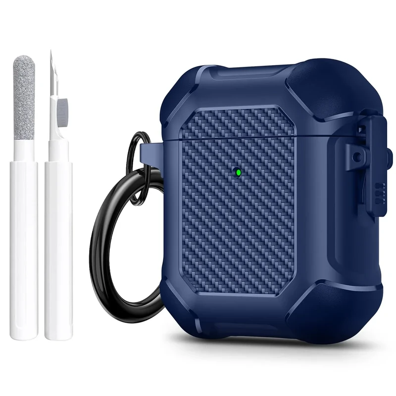 Maxjoy for Airpods Case, Carbon Fiber Secure Lock Clip Full Body Shockproof Hard Shell Protective Case Cover with Keychain for AirPod 1st and 2nd Generation Wireless Charging Case, Blue