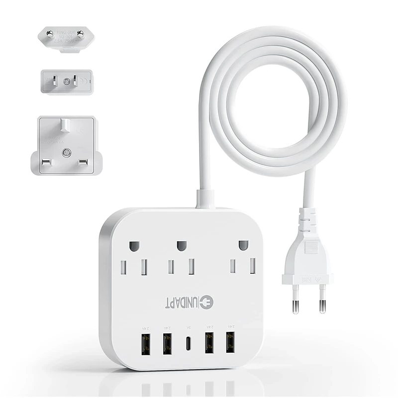 Unidapt 8-in-1 US to EU/UK Power Strip - 3 AC, USB-C, 4 USB, 5ft Cord