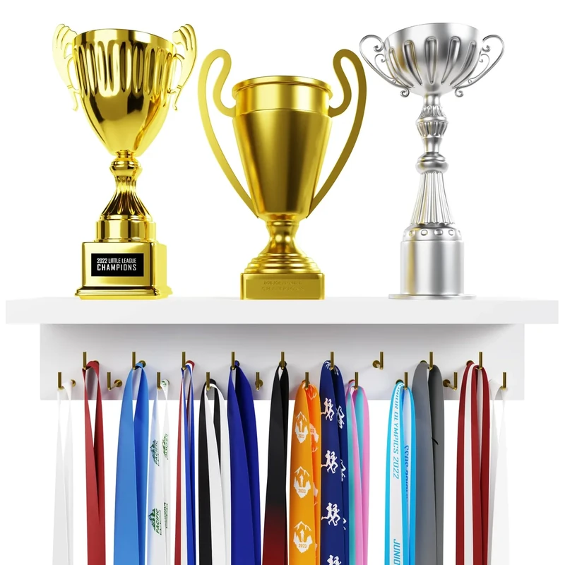 EVERMORE Medal Hanger Display and Trophy Shelf with Hooks - Wooden Medal Holder for Wall Mount Ribbon Display, Trophy Display Shelf for Gymnastics, Soccer, Running Race Medals Awards Rack