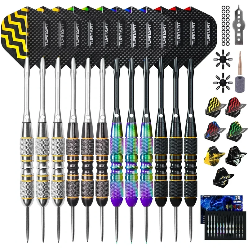 Turnart Darts Metal Tip Set - Steel Tip Darts Darts Set Professional Metal Darts 12 pcs 24 Grams Pro Dart Set with Stylish Case Aluminum Shafts Extra 9 Flights