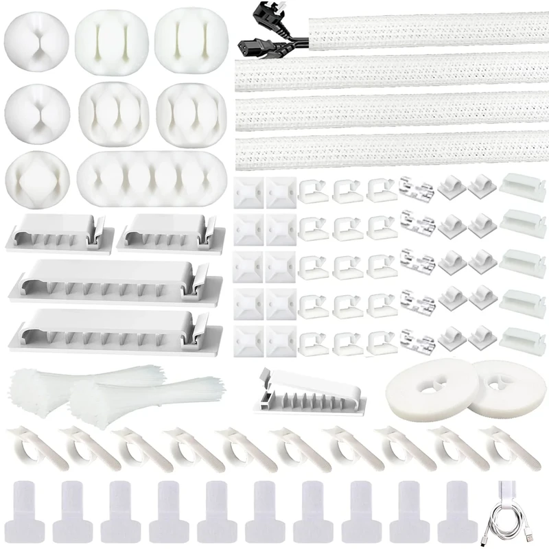 DRIVUU White Cable Management Kit - 293pcs Sleeves, Clips, Ties