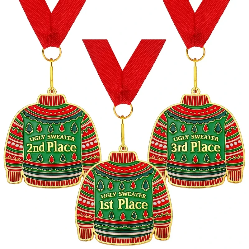Haull Christmas Ugly Sweater Award Medals 2025, 1st 2nd 3rd Place Ugly Sweater Contest Trophy Prizes Necklace Jewelry for Holidays Christmas Tree Ornament Xmas Party Decorations Supplies