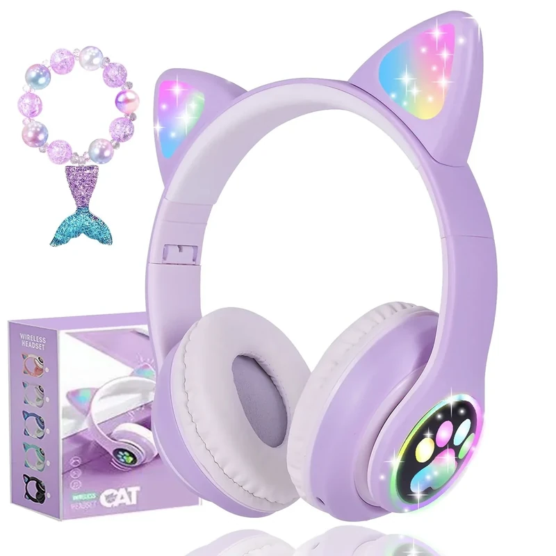 kuyaon Purple Cat Ear Headphones for Kids - LED, BT 5.0, Mic