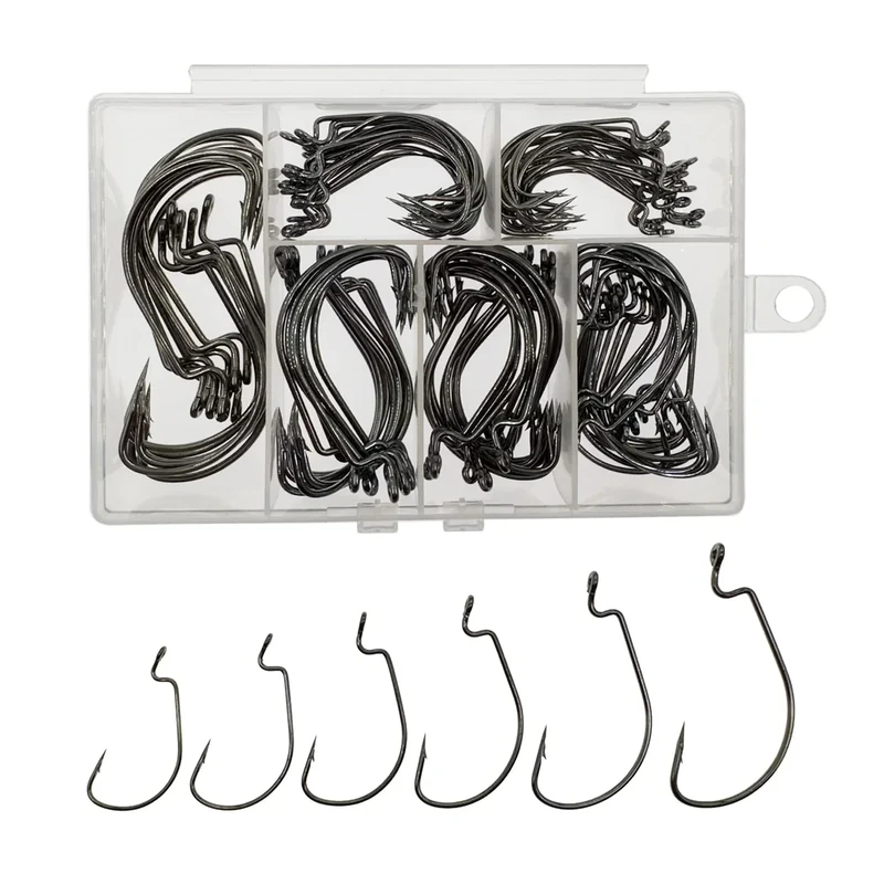 Afmivs Worm Hooks for Bass Fishing Hooks, 110pcs Bass Hooks Fishing, 6 Sizes Fishing Hooks Freshwater, Eagle Claw Hooks #1 1/0 2/0 3/0 4/0 5/0 Black High Carbon Steel with Portable Plastic Box