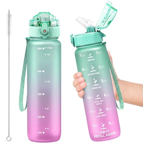 OLDLEY Kids Water Bottle for School, 17 oz (Straw Lid) BPA-Free Reusable Leak-proof Durable Tritan Plastic Water Bottles with One-handed Opening Straw Lids, Anti-dust Spout Cover (Green-Purple)