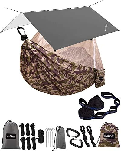 Sunyear Camping Hammock-Hammocks with Net and Rain Fly Tarp - Portable Single&Double Lightweight Nylon Parachute Hammocks with Hammock Tree Straps for Backpacking Hiking Travel Camping Indoor Outdoor
