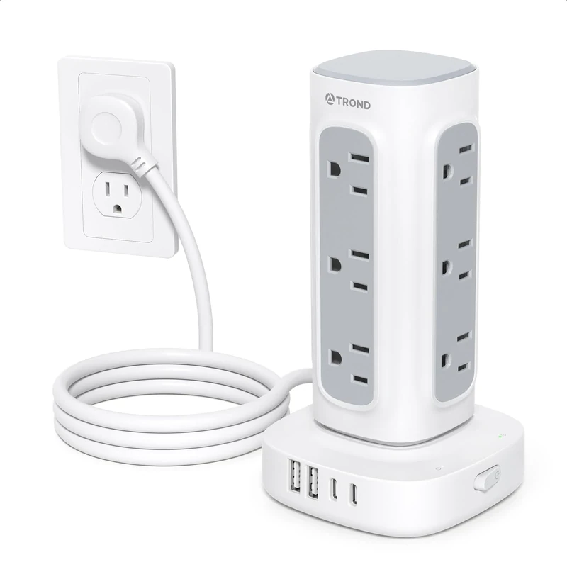 TROND Surge Protector Power Strip Tower - 6ft Flat Plug Extension Cord with Multiple Outlets, 4 USB Ports, Vertical Charging Station, 1700 J, Home Office Desk Supplies, Dorm Room Essentials, White