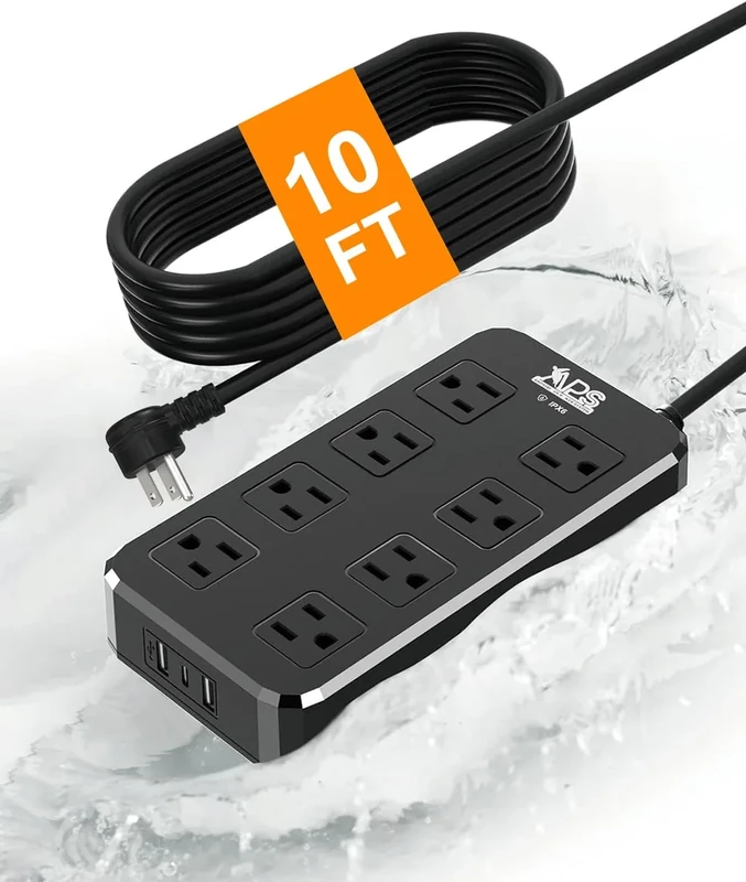 Qiyuan IPX6 Waterproof Power Strip - 8 Outlets, 3 USB, 10FT Plug