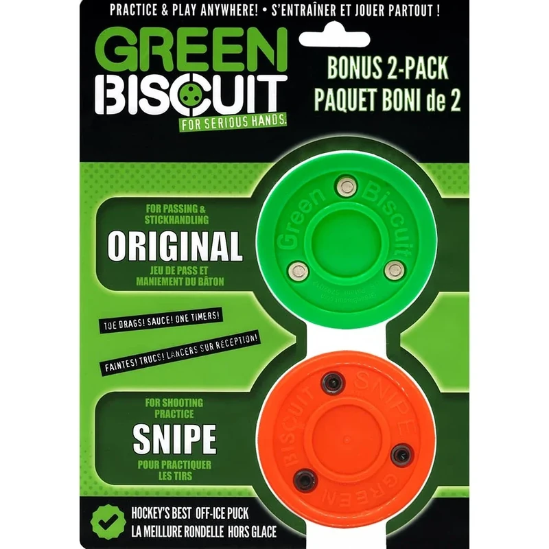 Green Biscuit Hockey Puck 2-Pack, Original, Off Ice Hockey Puck/Snipe, Shooting Street Hockey Puck Better Stick Handling, Passing and Shooting