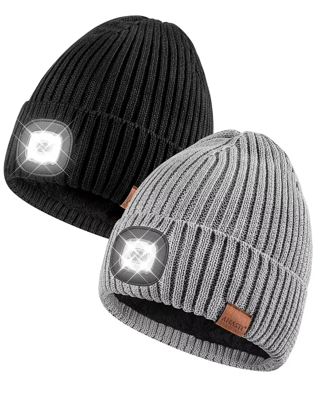 Beanie with Light for Men 2 Pack, Hat with Light Built in Rechargeable Winter Warm Knitted Headlamp Caps, Gift for Men Dads Husband Led Beanie Hats with Light(Black&Light Gray)